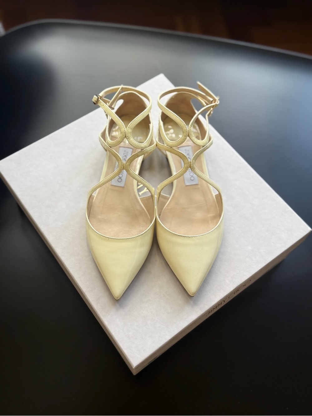 Jimmy Choo Latent Leather Cream Pointed Flats